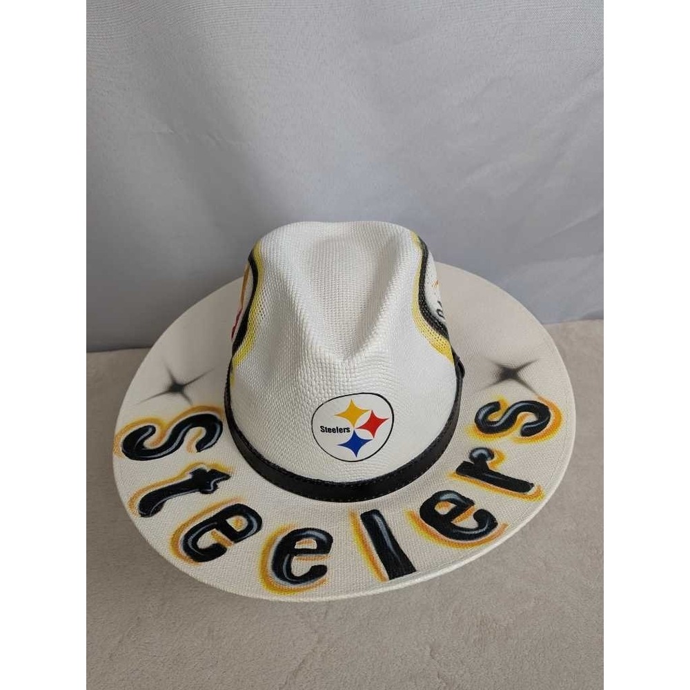 Pittsburgh Steelers NFL White Straw Hat Size Large Pau Charlie Airbrushed Hat